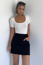 Solid Rib-knit Short Sleeve Tops